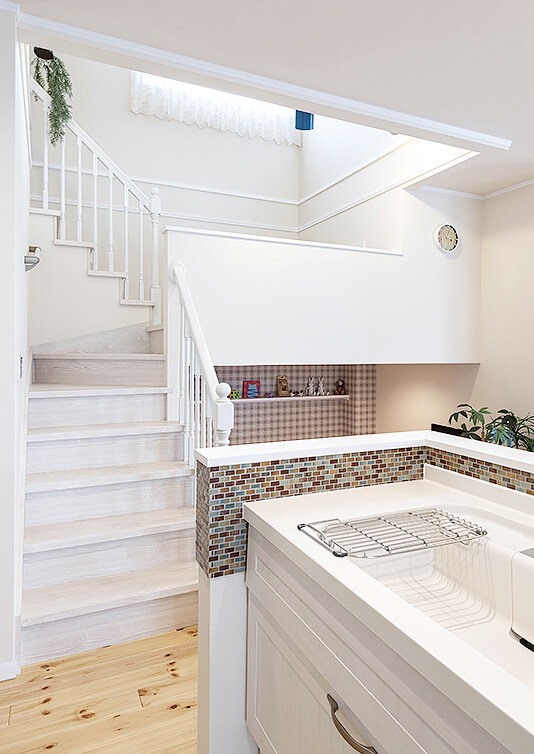 画像:キッチンからスキップフロア|モデルルーム内観